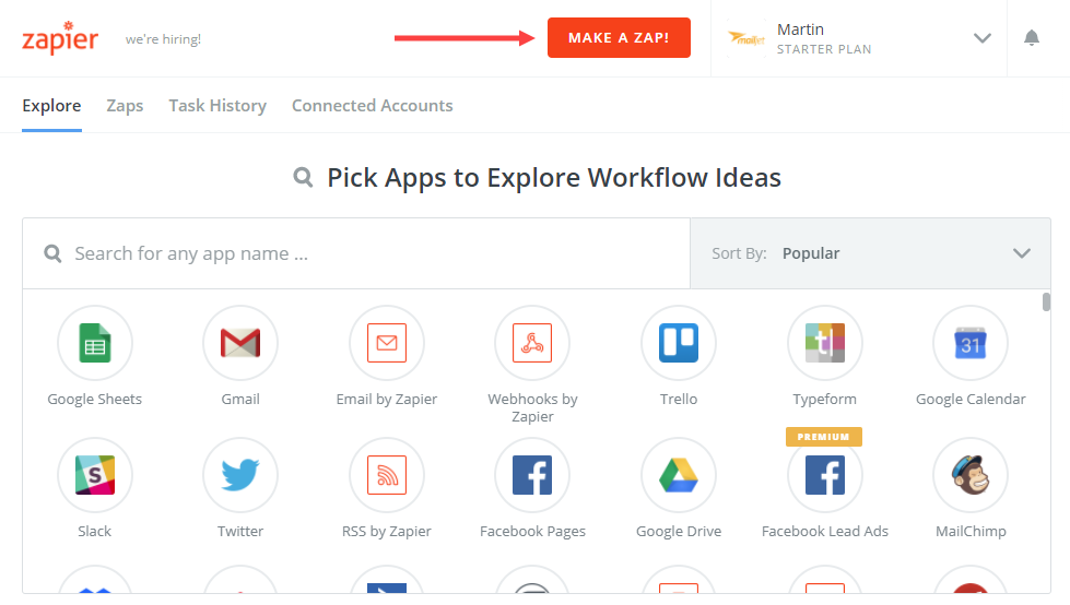 Zapier Dasboard