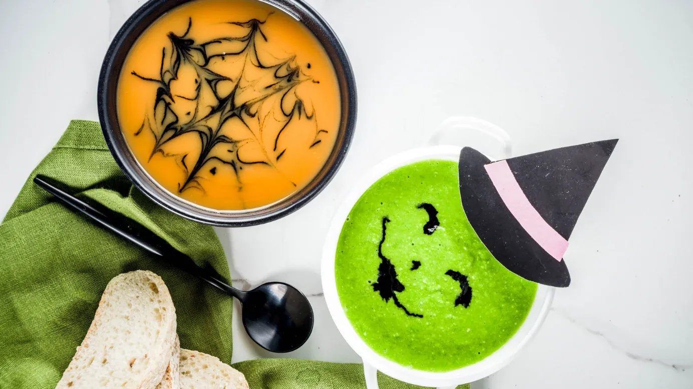 Cauldron spinach dip with witch hat chips