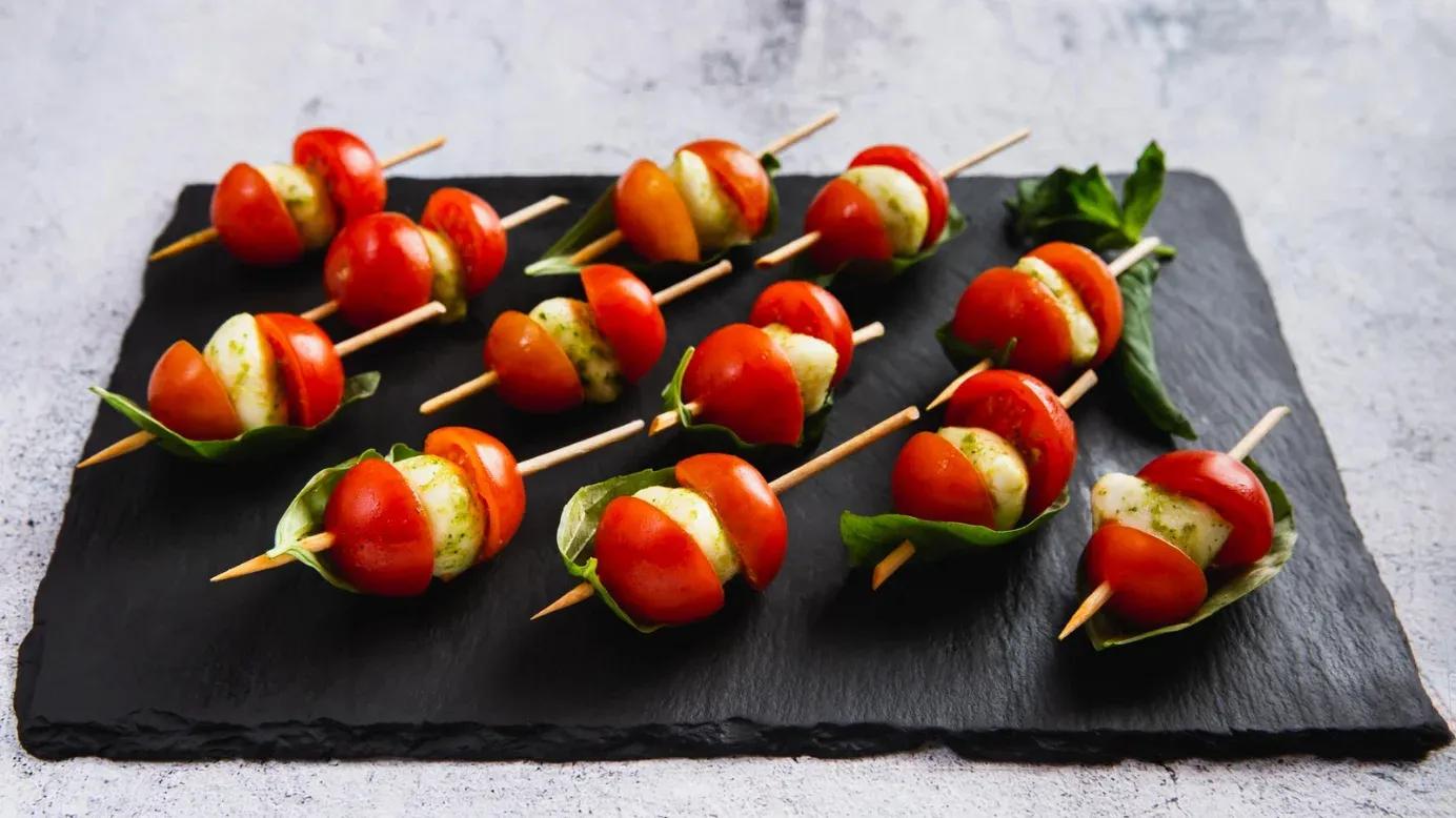 Vampire bite caprese skewers